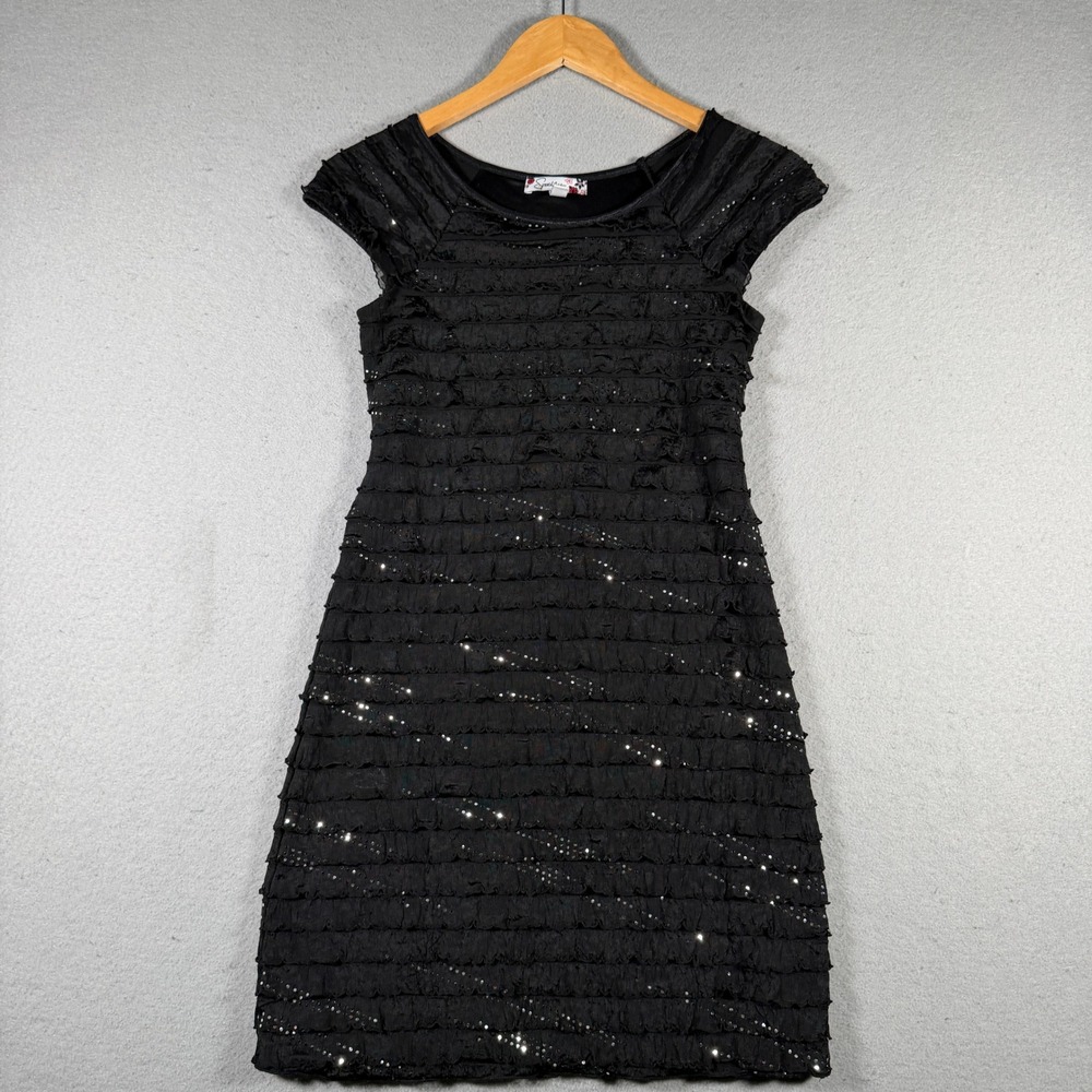 Speechless Womens Black Sequin Ruffle Tiered Cap Sleeve Mini Dress Size S